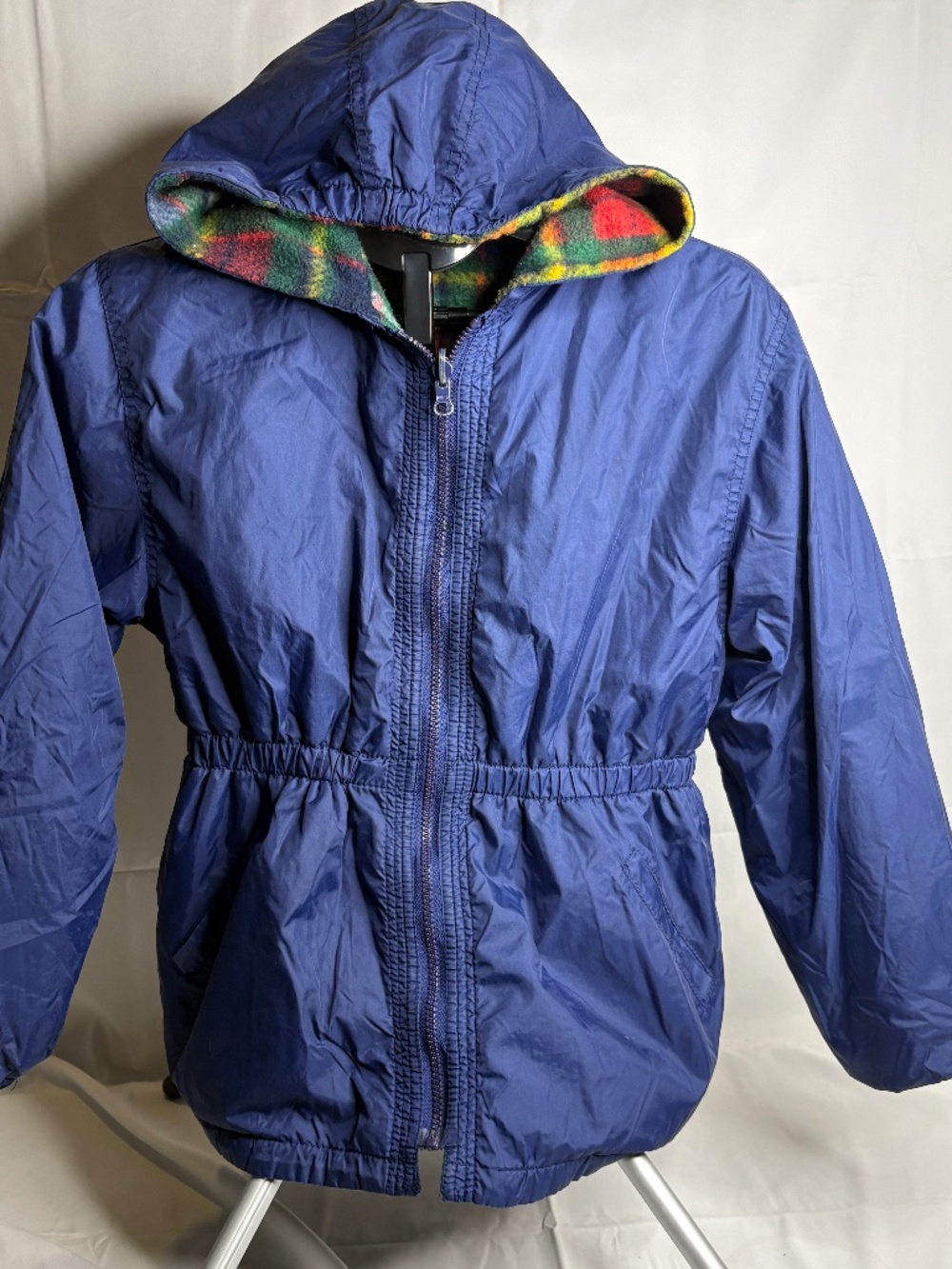Vtg Women's Waterproof Softshell Blue Rain Jacket w/Hood Fleece Lined Reversible